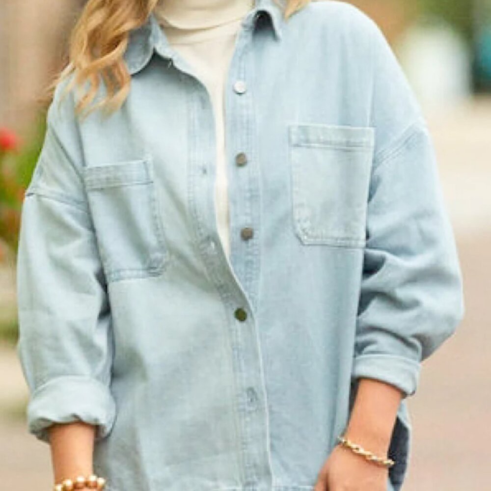 Womens Denim Shacket Shirt Tunic Length Light Denim Heavyweight